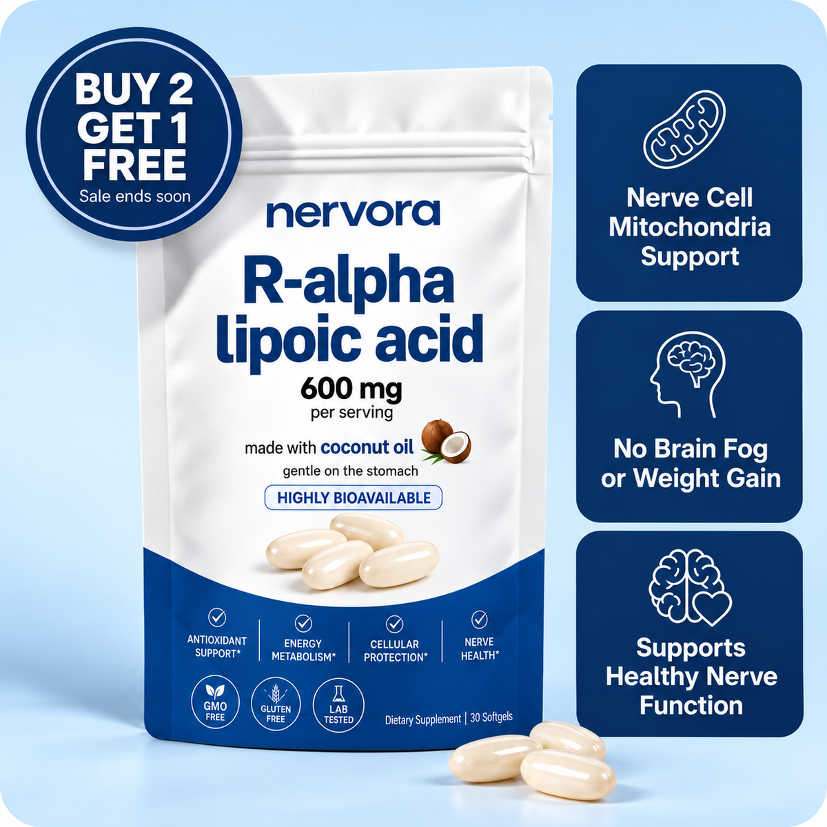 Pure R-Alpha Lipoic Acid 600mg Softgels